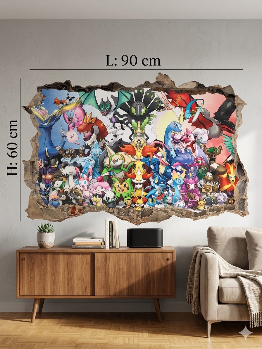 Sticker Mural Pokémon 3D Blaspo 90 x 60 cm – Effet Mur Cassé – Décoration Chambre Enfant, Salle de Jeux et Espace Gaming