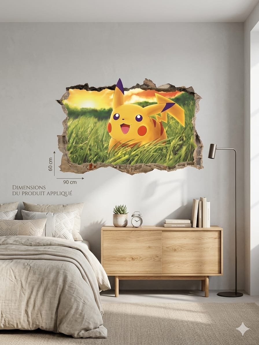 Sticker Mural Pikachu 3D Blaspo 90 x 60 cm – Effet Mur Cassé – Décoration Chambre Enfant, Gamer et Univers Fantastique