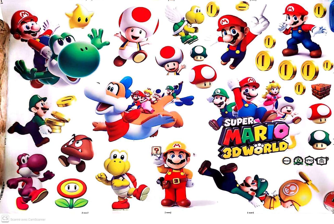 Sticker Mural Super Mario 3D World 90x60 cm – Mario, Luigi, Yoshi et Toad – Décoration Chambre Enfant Gamer Nintendo – Poster Géant Mur