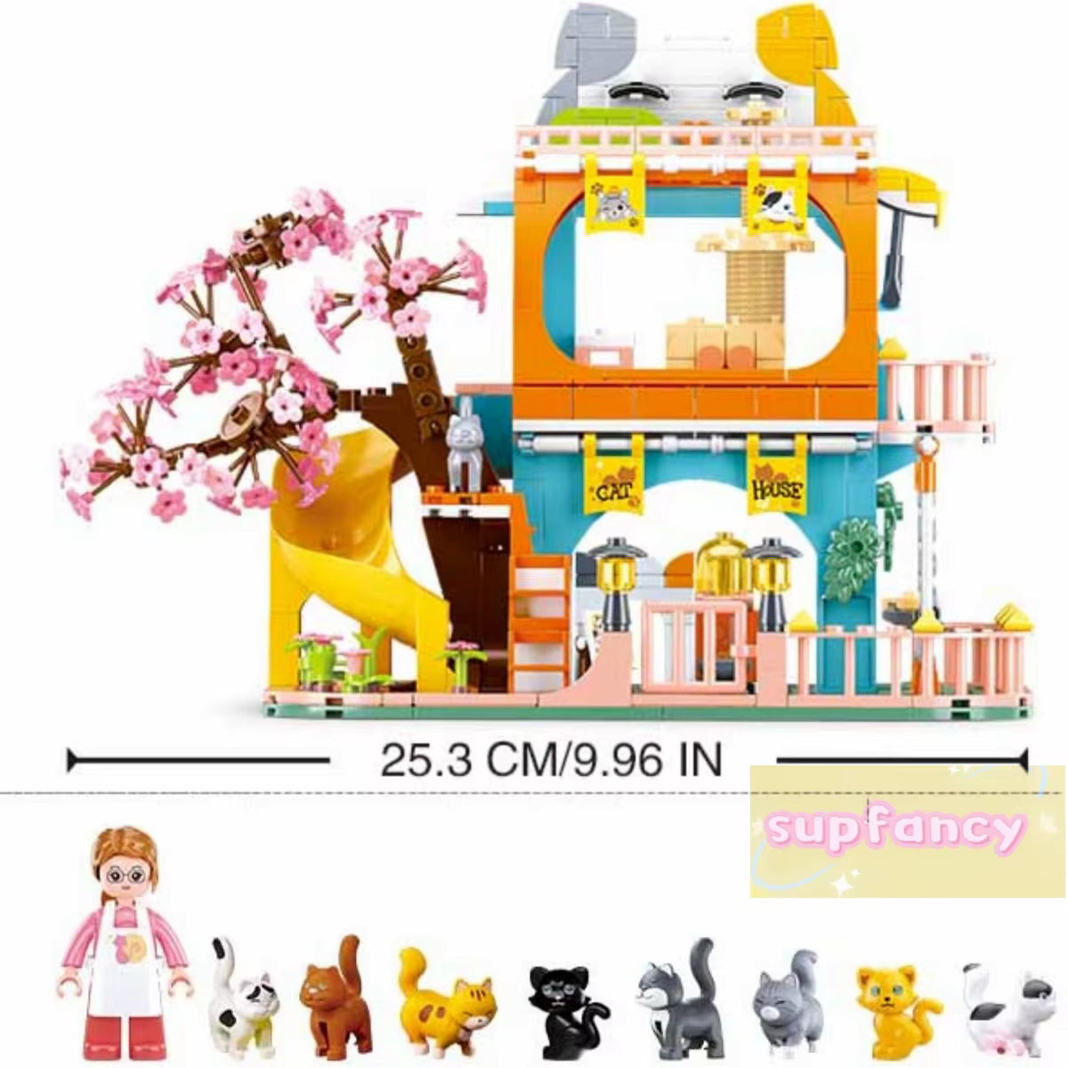 Maison Animaux Blocs de Construction avec Arbre Sakura – Villa Chat Jouet Créatif – Jeu DIY Enfant – Cadeau Fille