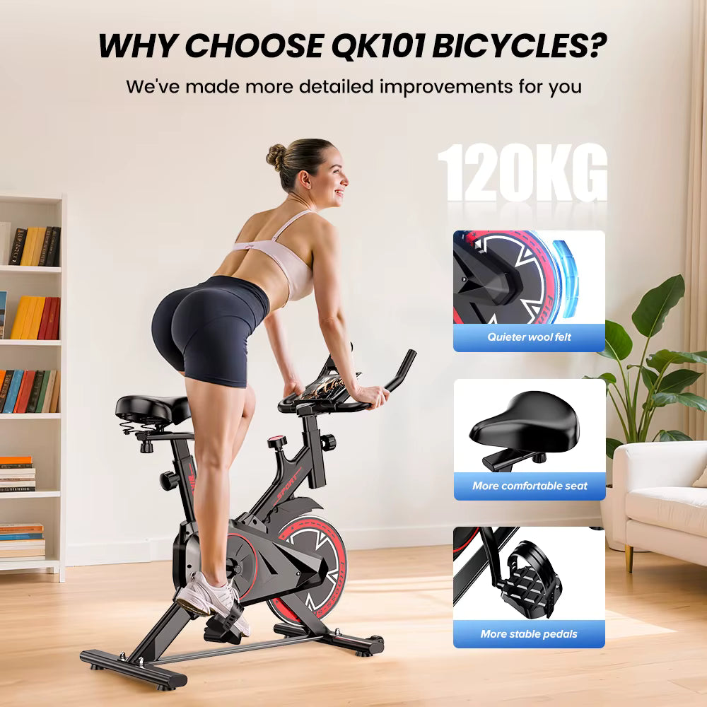 Vélo d’Appartement QK101 – Spinning Silencieux avec Écran LCD – 100 Niveaux de Résistance – Charge 120 kg