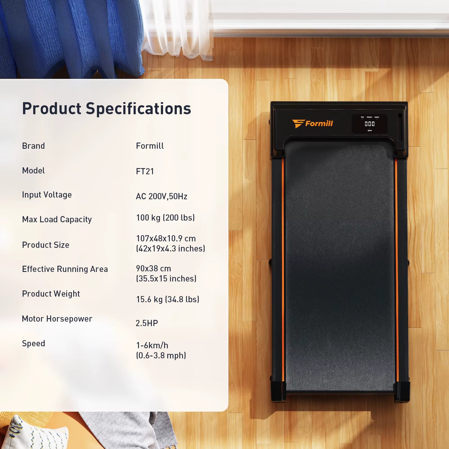 Tapis de Marche FT21 – 2,5 HP – Silencieux & Compact – 1 à 6 km/h – Écran LED & Télécommande – Appareil de Fitness & Bureau