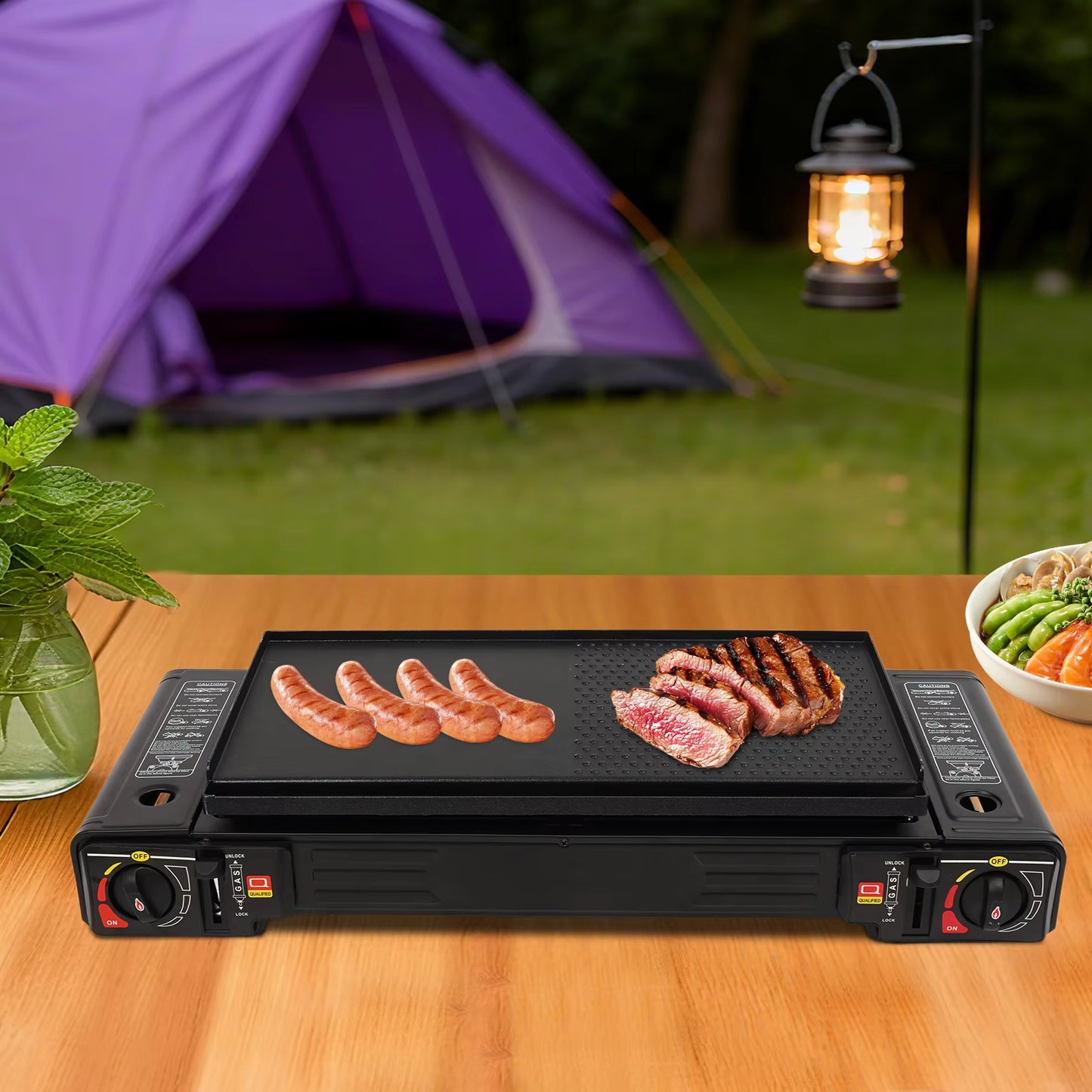 Réchaud de Camping Portable 2 Brûleurs Gaz Butane GPL 2,5 kW Allumage Automatique Barbecue Pique-Nique Outdoor