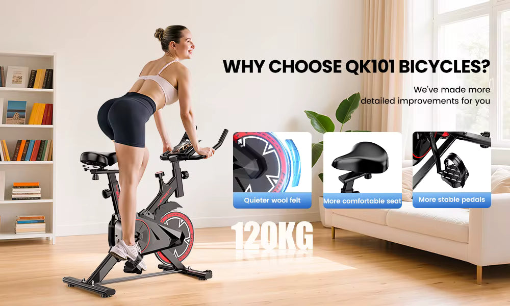 Vélo d’Appartement QK101 – Spinning Silencieux avec Écran LCD – 100 Niveaux de Résistance – Charge 120 kg