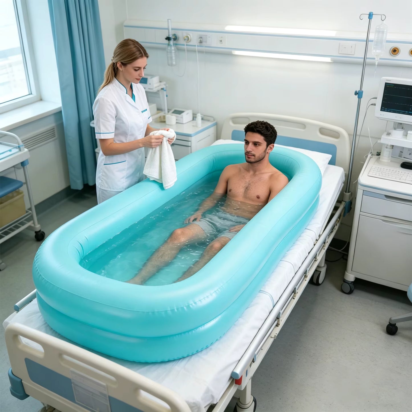 Baignoire Gonflable Médicale pour Lit avec Pompe Électrique – Kit Douche au Lit – Personnes Âgées, Handicapées & Convalescentes – 212 x 96 x 37 cm