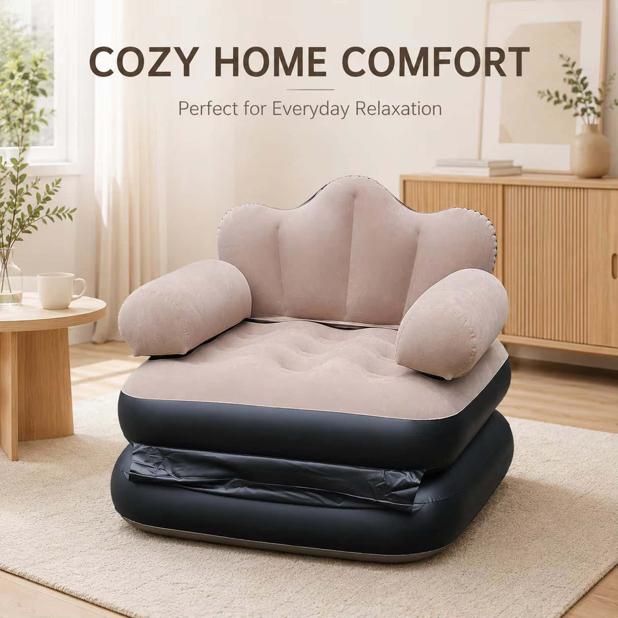 Canapé-Lit Gonflable 2 en 1 avec Accoudoirs – Fauteuil Convertible en Lit d'Appoint – Beige