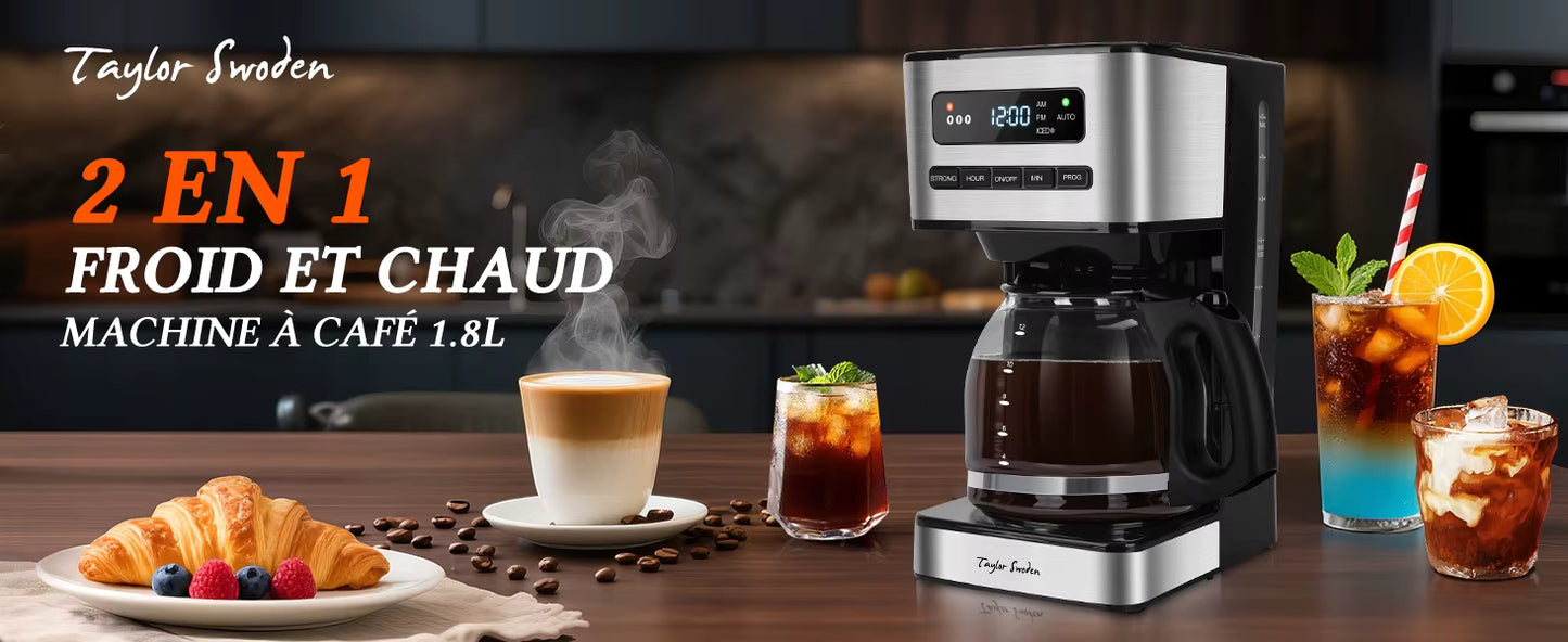 Cafetière Électrique 1,8L Programmable 24H – Machine à Café 12-15 Tasses avec Filtre Amovible, Maintien au Chaud, Écran LED