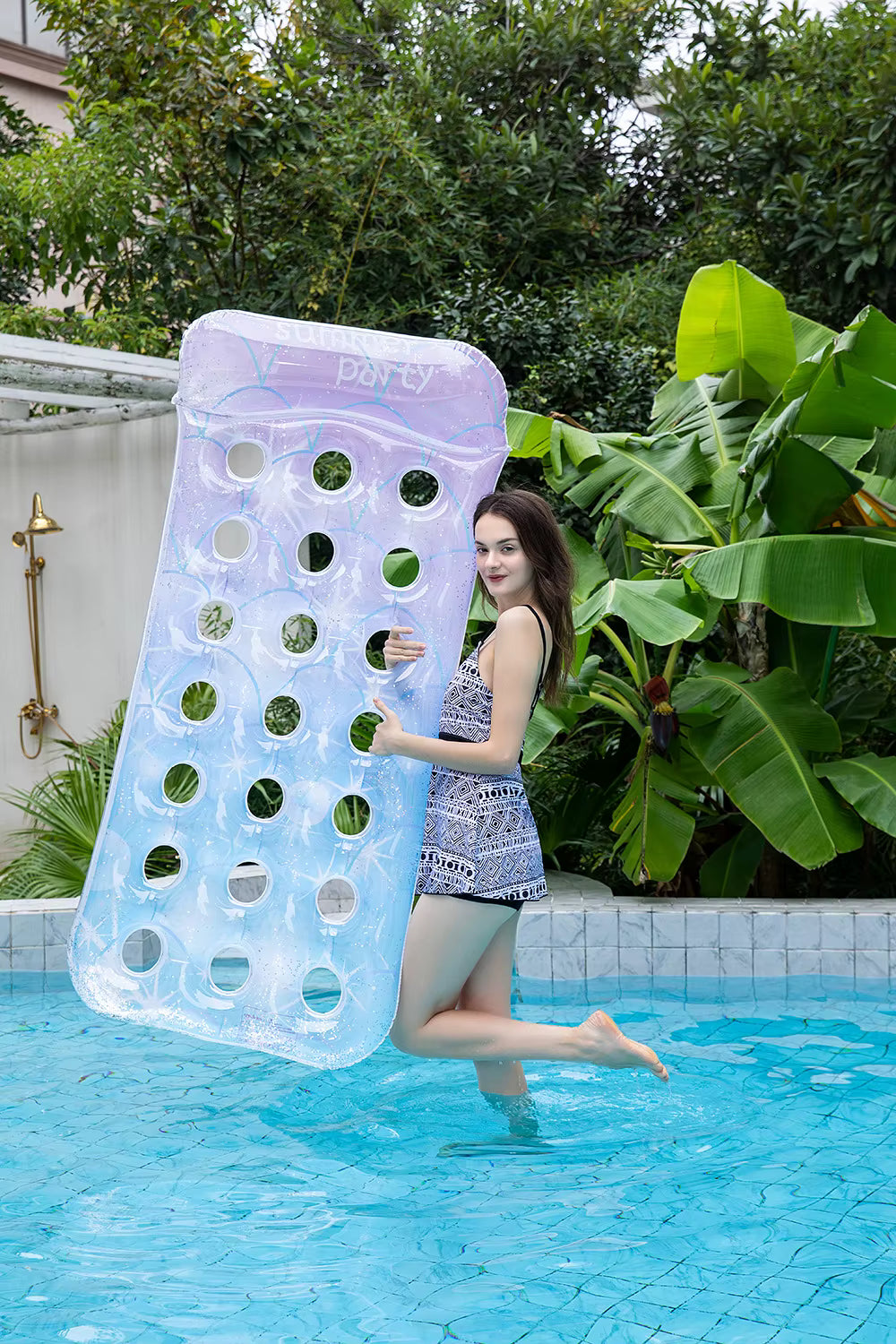 Matelas Gonflable Piscine Adulte avec Oreiller Intégré Bleu Flotteur Aquatique Plage Été Relaxation