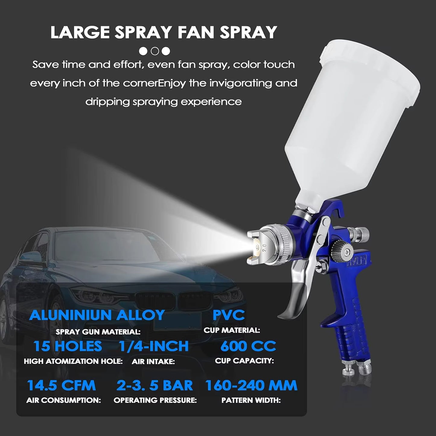 Pistolet Peinture HVLP 600 ml – Pulvérisateur Haute Précision avec Régulateur Pression – Auto Mur Art