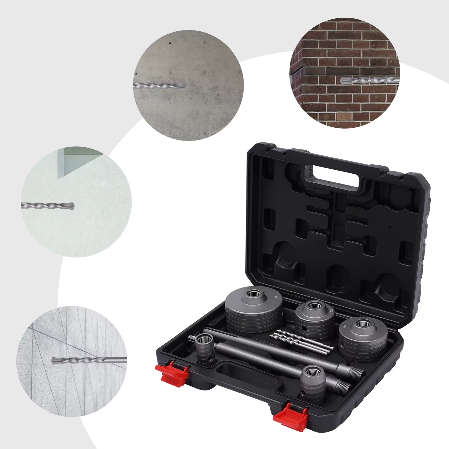 Kit Scie Cloche Béton 9 Pièces SDS-Plus/Max – Forets Carottage 30 à 100 mm pour Mur et Brique