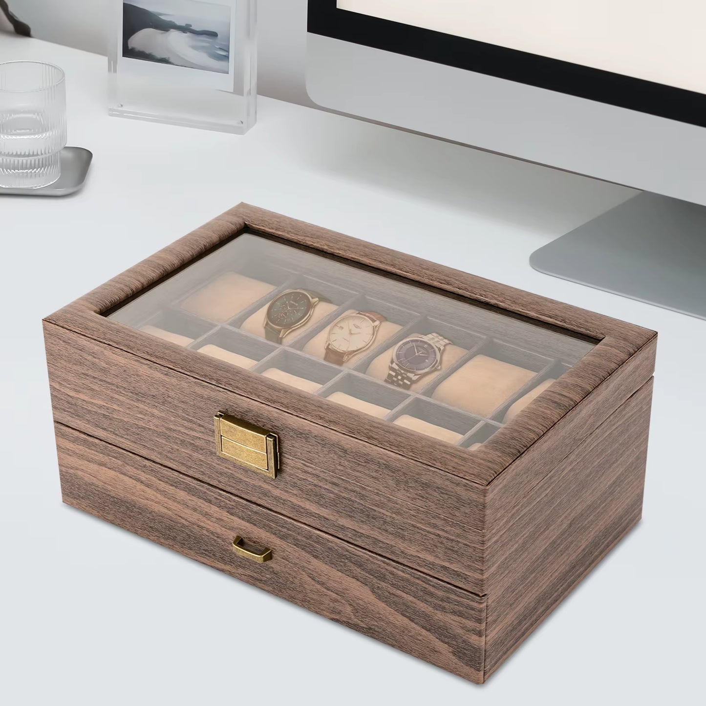 Boîte à Montres 24 Compartiments avec Vitrine – Coffret de Rangement Bijoux 2 Niveaux, Organisateur Montres en Bois avec Fenêtre Verre, Design Élégant