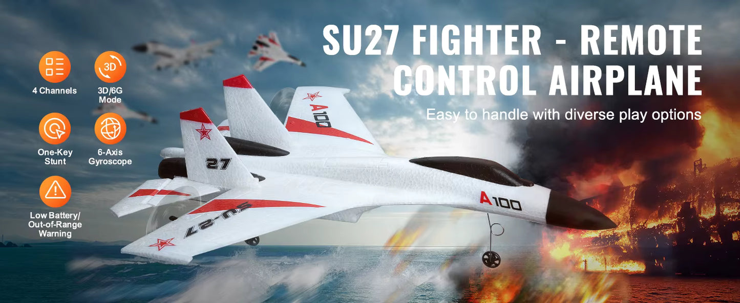 Avion RC 2.4G Type SU27 – Planeur Radiocommandé en Mousse – 2 Batteries Incluses – Jouet Extérieur