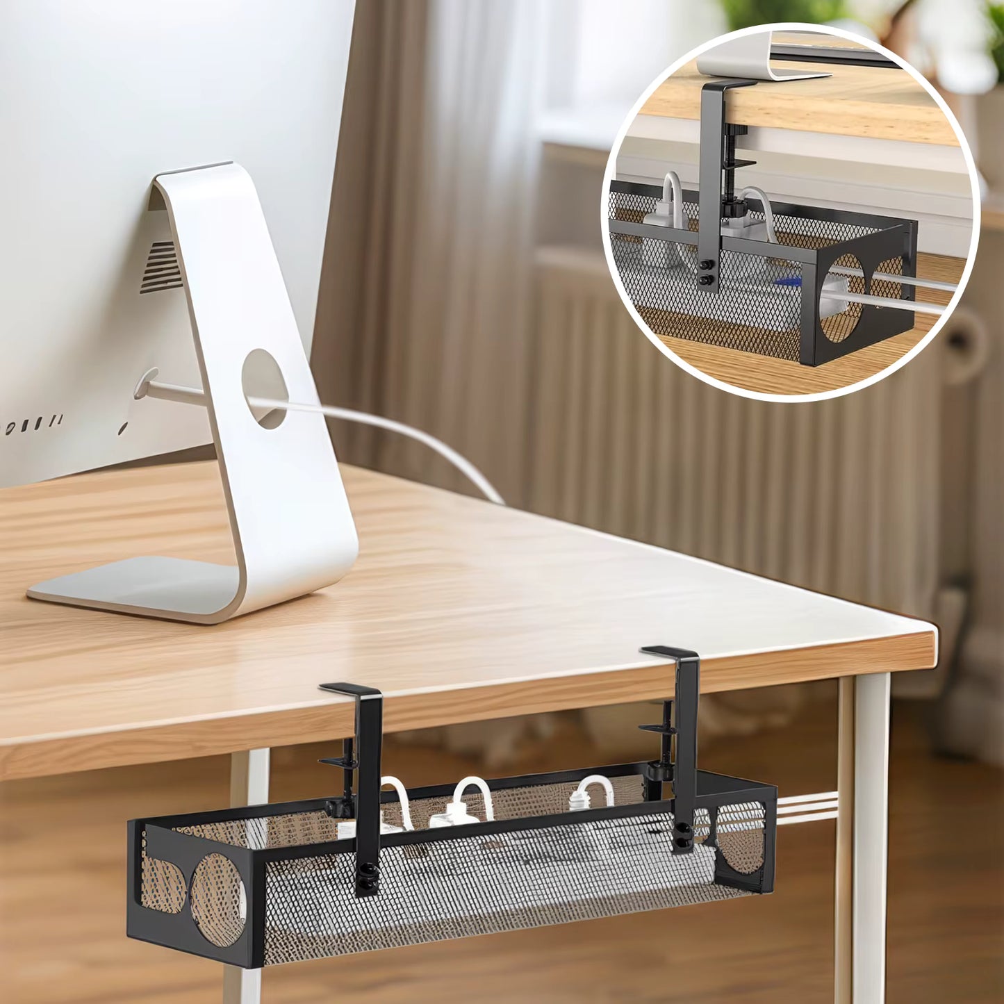 Organisateur de Câbles Sous Bureau Métallique avec Fixation par Pince – Gestion des Câbles, Support Multiprise, Panier Range-Câbles pour Bureau Gaming et Télétravail