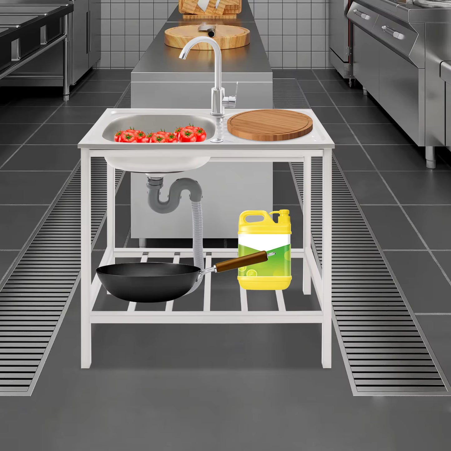Évier de Cuisine Extérieur avec Support – Bac Inox 75x40x75 cm, Robinet 360°, Table de Travail avec Étagère, Évier Autonome pour Jardin, Camping ou Professionne