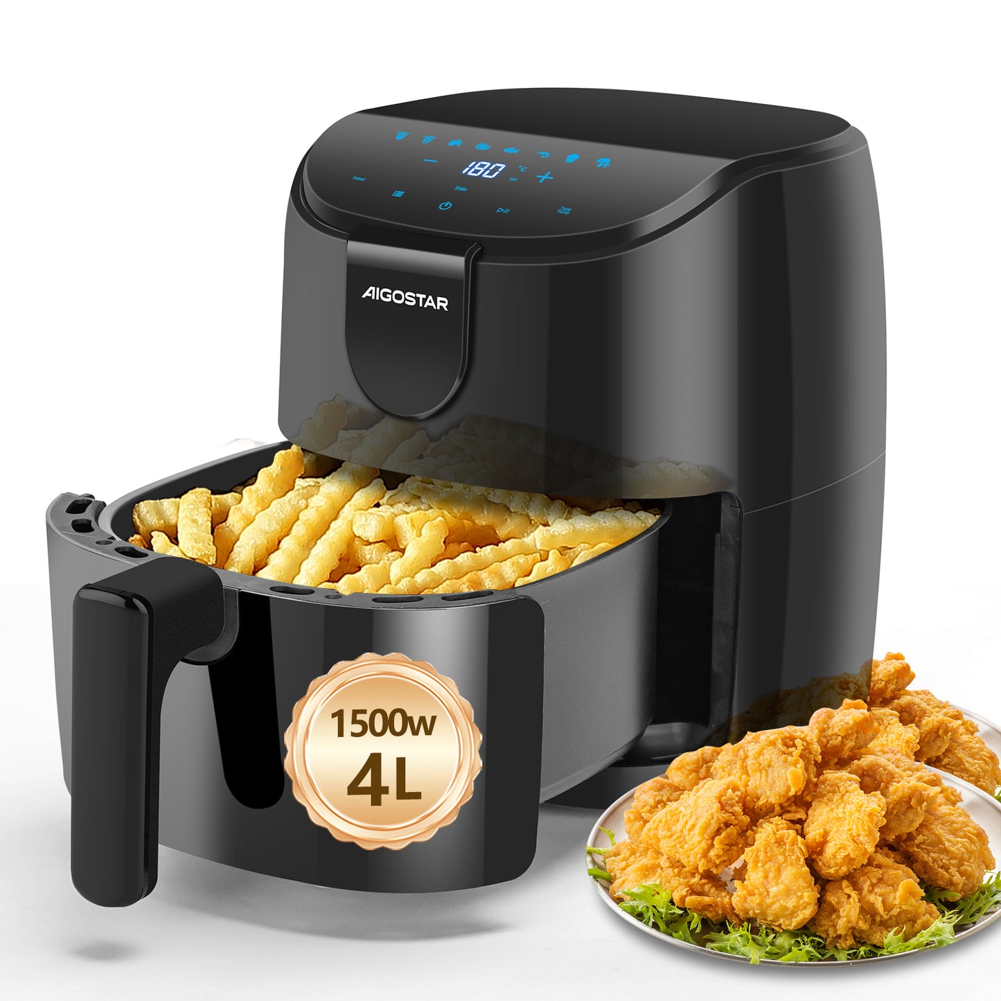 Friteuse à air chaud 4L 1500W écran tactile, cuisson sans huile, 9 programmes, minuterie, préchauffage rapide, panier antiadhésif