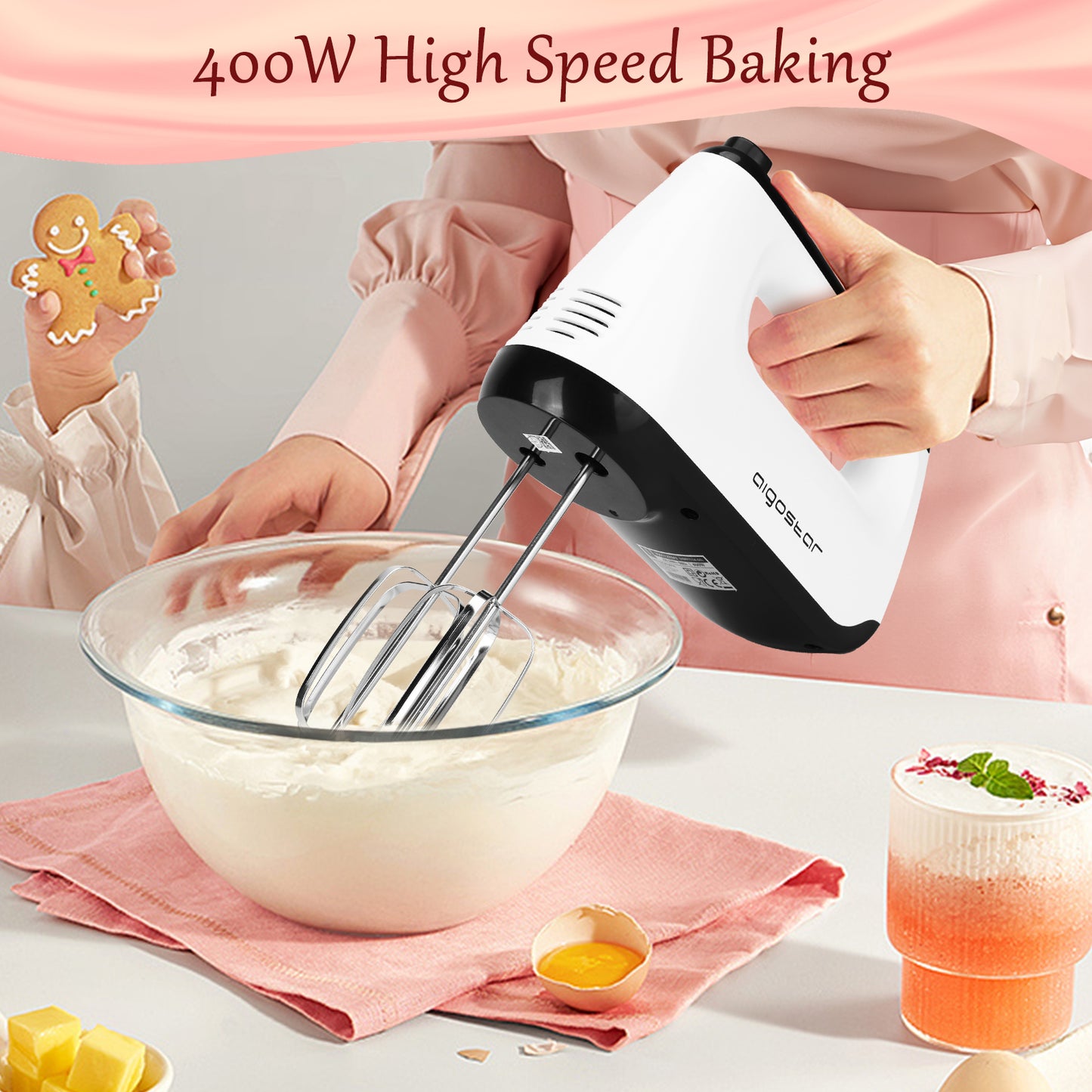 Batteur électrique 400W 6 vitesses + turbo, fouet pâtisserie avec 2 fouets et crochets pétrisseurs, mélangeur cuisine silencieux, support de rangement