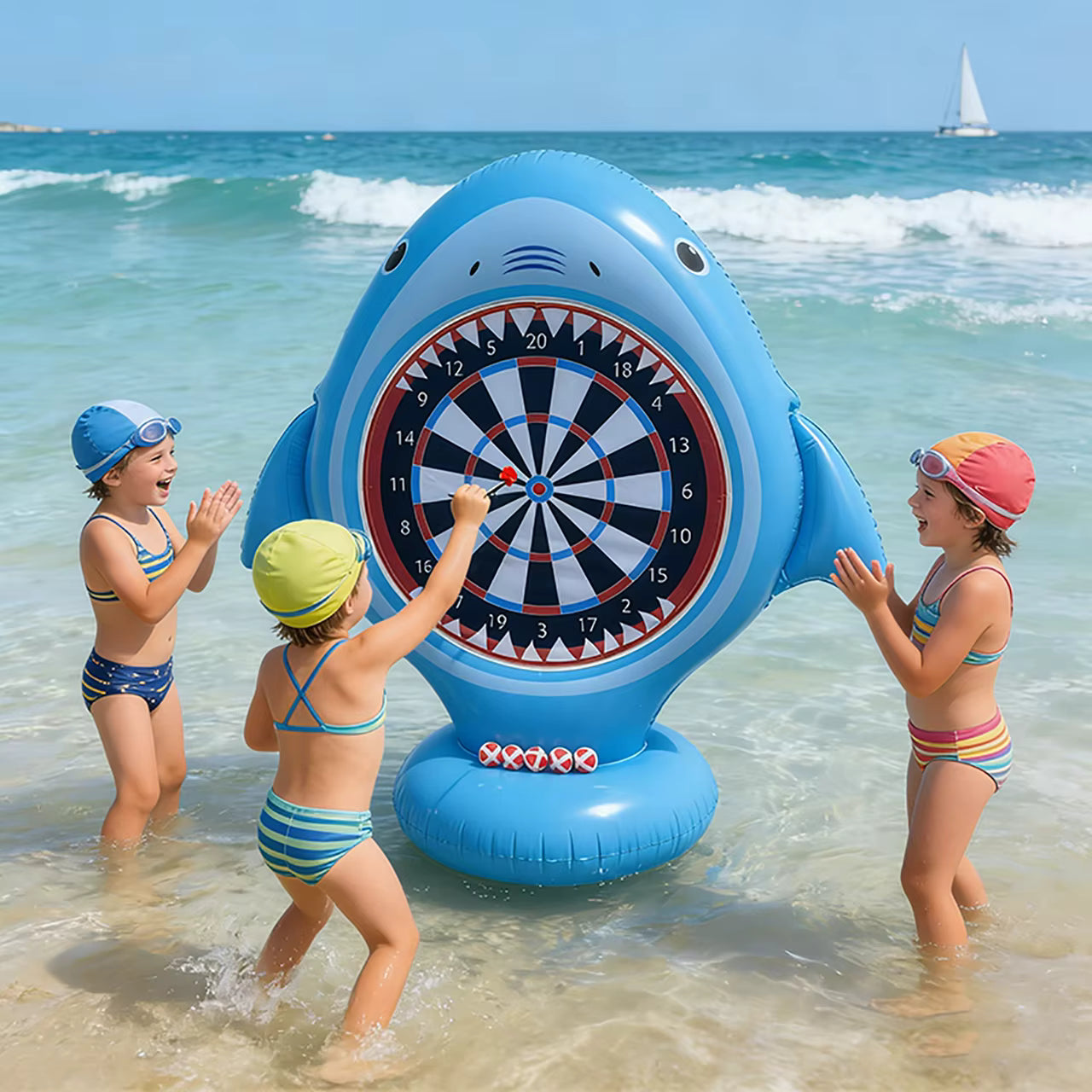 Jeu de Fléchettes Gonflable Requin XXL pour Piscine et Plage – Cible Géante avec Balles – Jeu d'Eau Extérieur pour Enfants et Famille – Aire de Jeux Gonflable Été