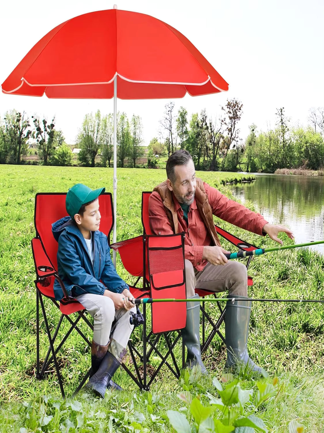 Chaise de Camping 2 Places Pliante avec Parasol, Porte-Boissons et Sac Isotherme Rouge – Fauteuil Extérieur Pêche & Plage