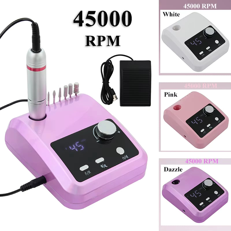 Ponceuse à Ongles Professionnelle 45000 RPM avec Écran LCD – Nail Drill Électrique 30W avec Pédale et Embouts – Manucure Gel UV