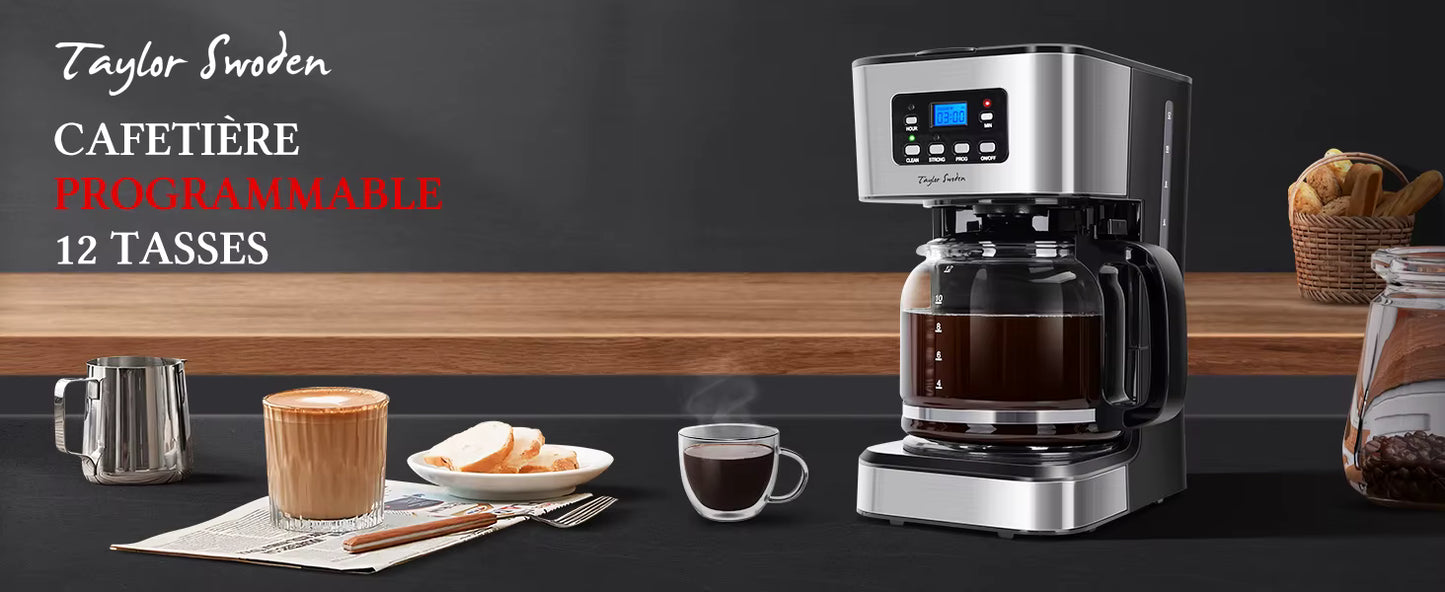 Cafetière Électrique 1,5L 12 Tasses avec Filtre Réutilisable – Machine à Café Programmable 950W, Maintien au Chaud, Idéale Maison & Bureau