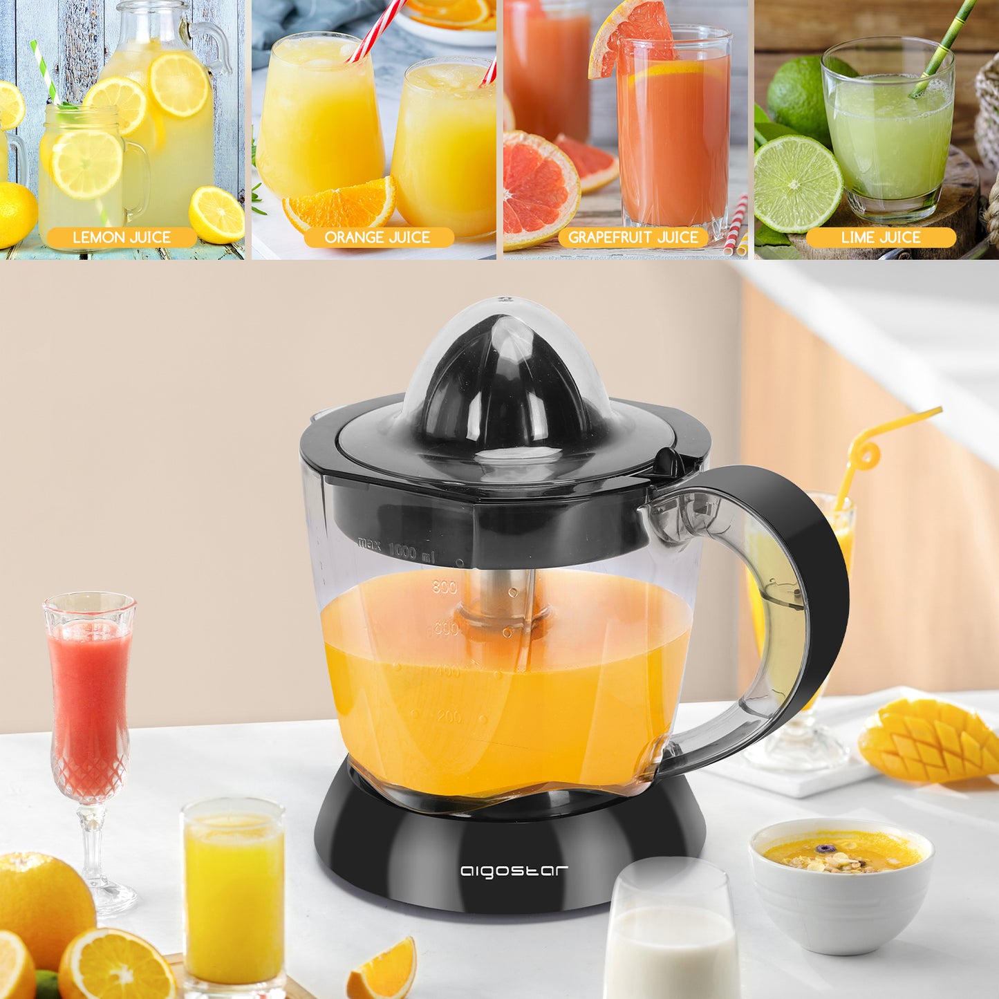 Presse-Agrumes Électrique 700ml – Extracteur de Jus Automatique, Bec Anti-Goutte, Sans BPA, 2 Cônes Interchangeables, Facile à Nettoyer