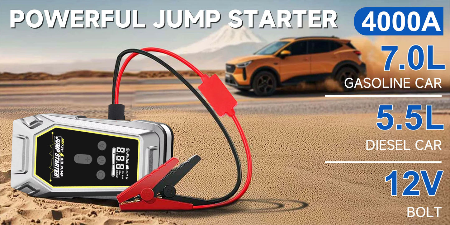 Booster Batterie Voiture 7000A avec Compresseur Air 150 PSI – Démarreur Portable Rechargeable USB – Gonfleur Pneus Automobile Moto SUV