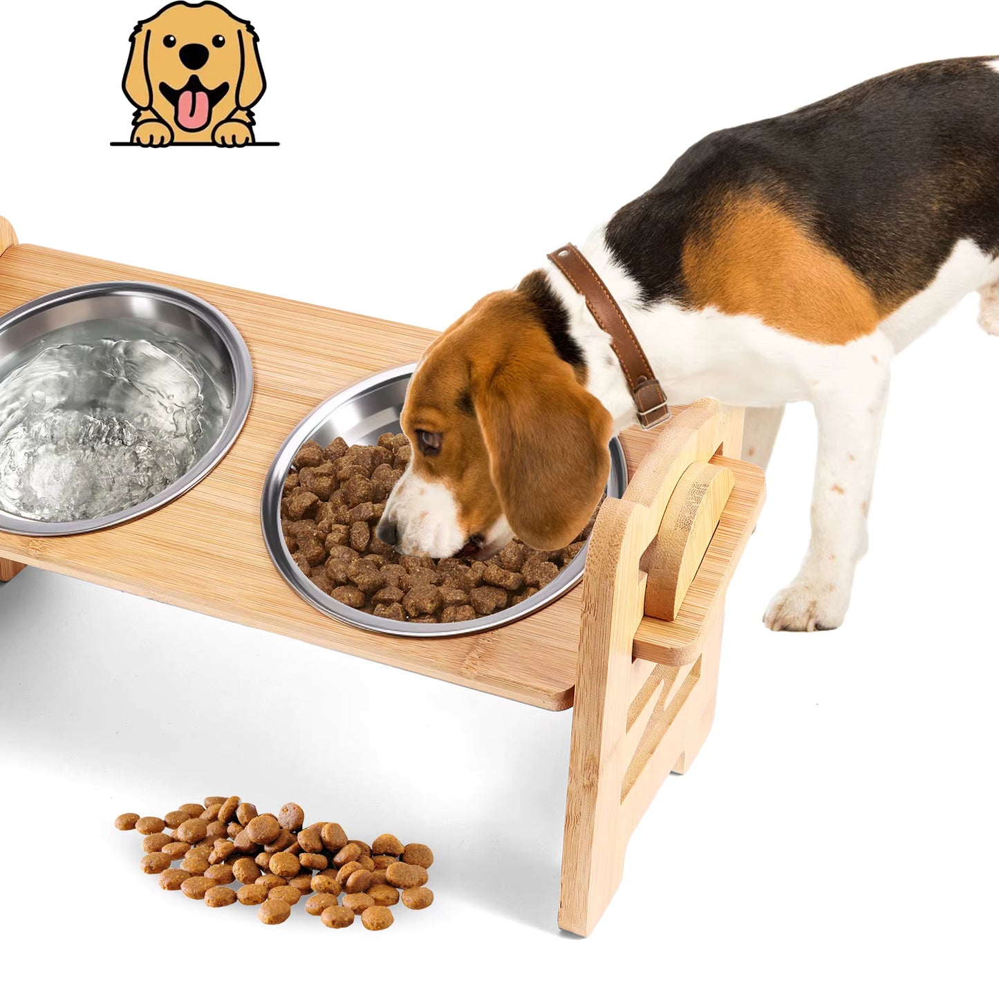 Support Gamelles Surélevé Réglable pour Chien et Chat avec 2 Bols Inox – Mangeoire en Bambou Naturel – Support Alimentation et Eau pour Petits et Grands Animaux
