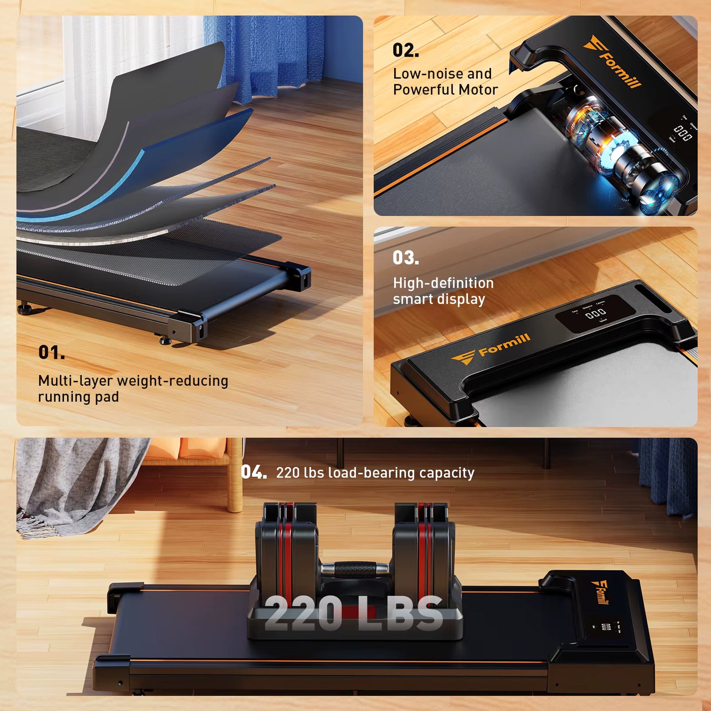 Tapis de Marche FT21 – 2,5 HP – Silencieux & Compact – 1 à 6 km/h – Écran LED & Télécommande – Appareil de Fitness & Bureau