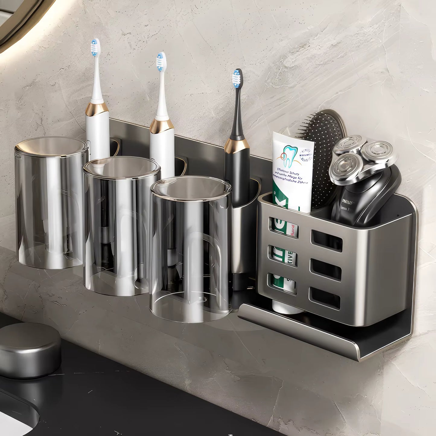 Support Mural pour Brosses à Dents Électriques et Accessoires | Organisateur Salle de Bain Auto-Adhésif Sans Perçage | Porte Brosse à Dents en Aluminium avec Compartiments de Rangement