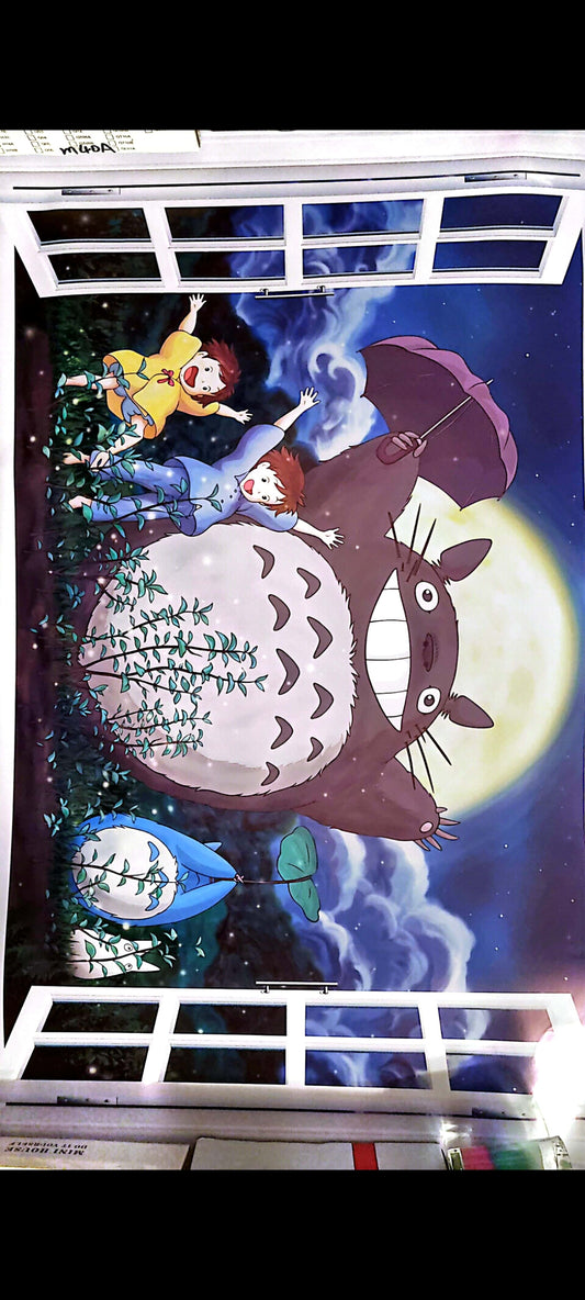 Stickers mural Totoro et ses amis – Vue magique depuis la fenêtre – Grand format 90 x 60 cm – Envol féerique – 8
