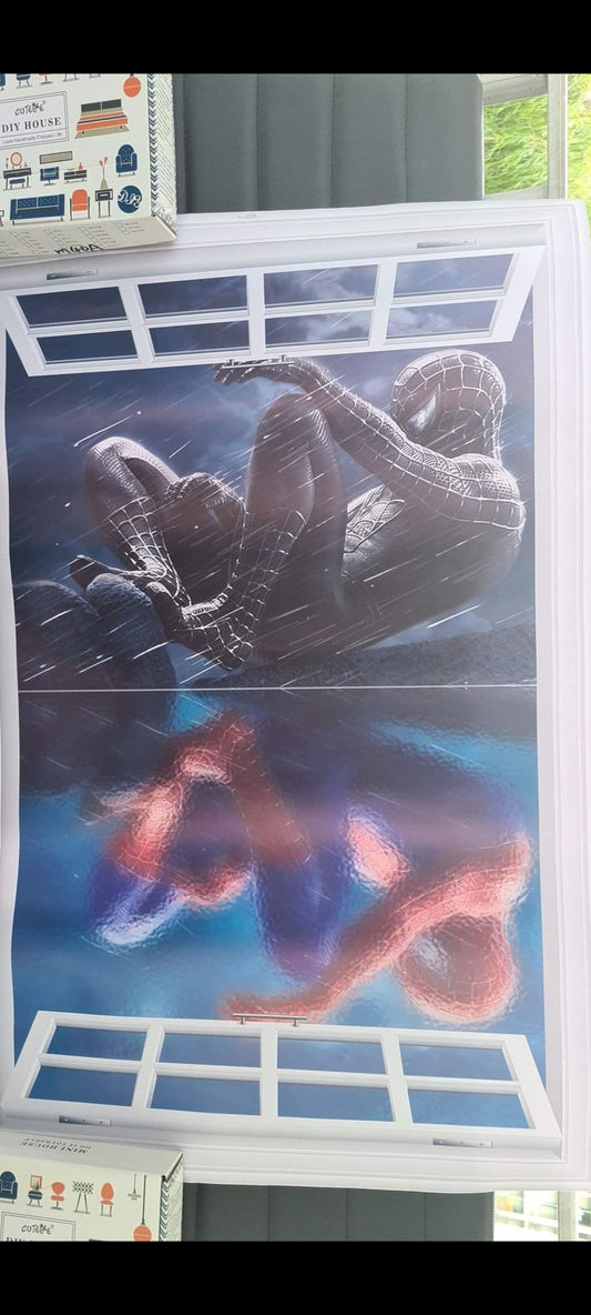 Stickers muraux 3D Spider-Man Noir vs Rouge – Grand format 90x60 cm – Décoration murale effet fenêtre, ambiance super-héros, chambre, salon, gaming room – Art mural exclusif – 8