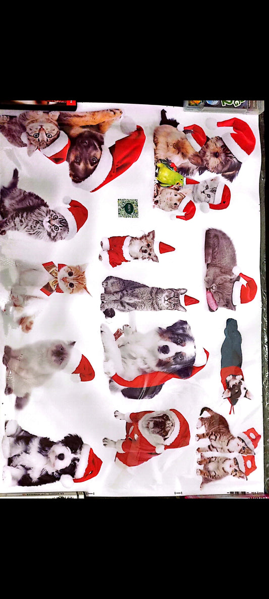 Stickers muraux Noël animaux mignons – Chats, chiens, lapins avec bonnet de Noël – Déco festive chambre enfant, salon, couloir – Grand format 90x60 cm – 8