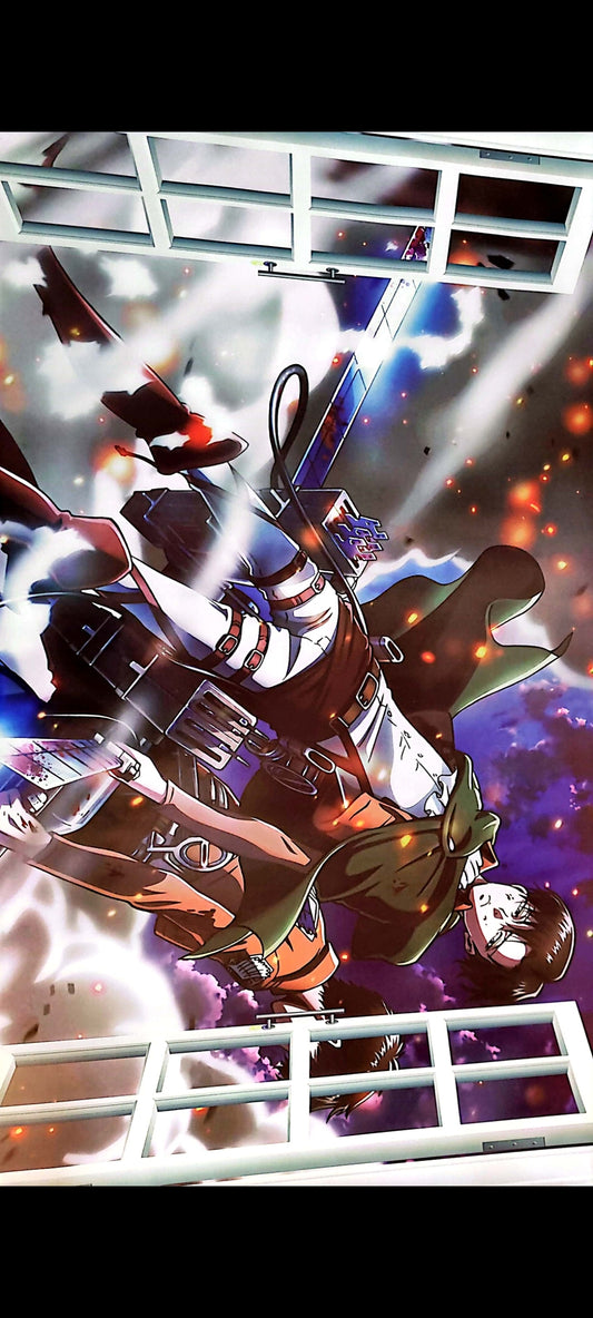 Stickers muraux 3D Attack on Titan – Mikasa & Titans – Grand format 90x60 cm – Décoration murale animée, chambre, salon, gaming room – Effet fenêtre spectaculaire – Art mural exclusif – 8