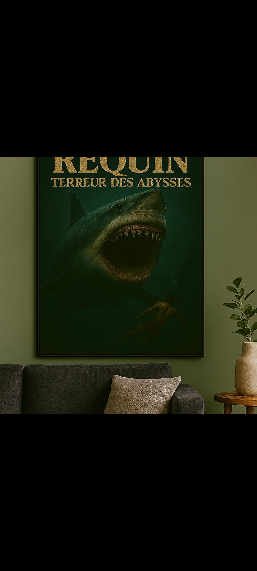 Stickers muraux Requin Terreur des Abysses – Grand format 90x60 cm – Art mural sombre et intense – Décoration murale salon, chambre ou gaming room – Design exclusif – 8