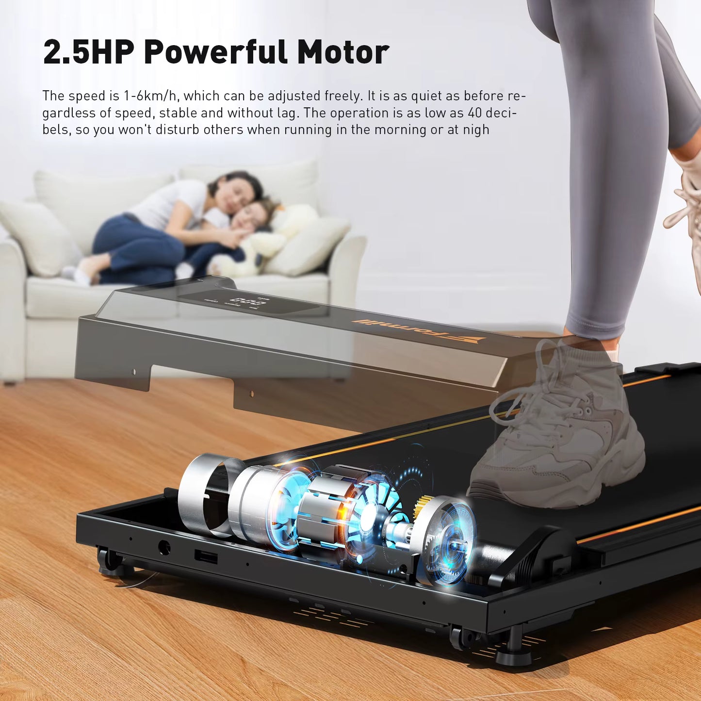 Tapis de Marche FT21 – 2,5 HP – Silencieux & Compact – 1 à 6 km/h – Écran LED & Télécommande – Appareil de Fitness & Bureau