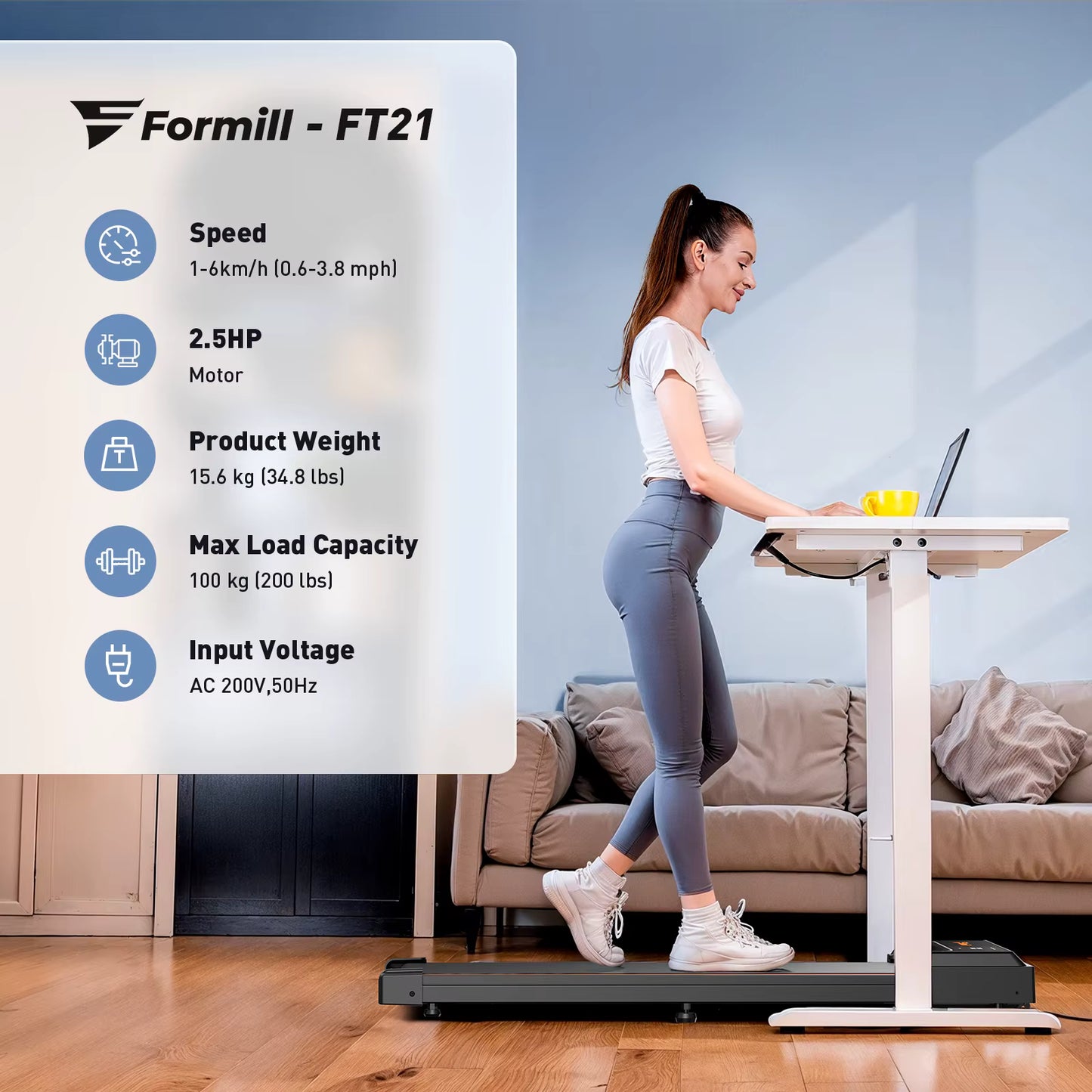 Tapis de Marche FT21 – 2,5 HP – Silencieux & Compact – 1 à 6 km/h – Écran LED & Télécommande – Appareil de Fitness & Bureau