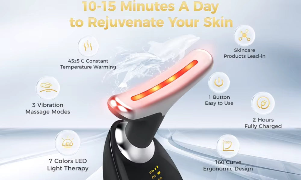 Masseur Facial EMS Chauffant LED – Appareil Beauté Anti-Âge pour Visage et Cou – Thérapie Photonique Raffermissante – Anti Double Menton – Recharge USB