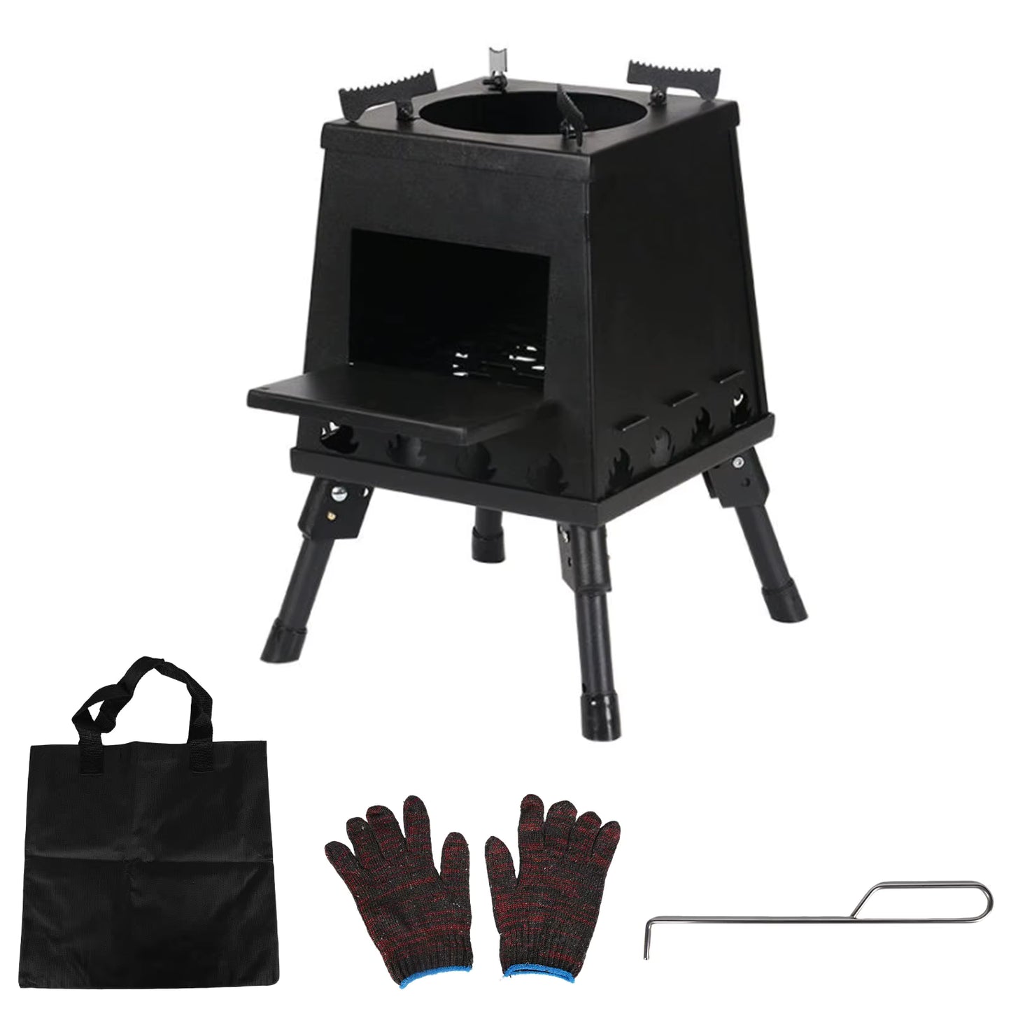 Poêle à Bois Portable Pliable pour Camping et Randonnée – Réchaud Extérieur avec Sac de Transport et Gants – Cuisine Plein Air