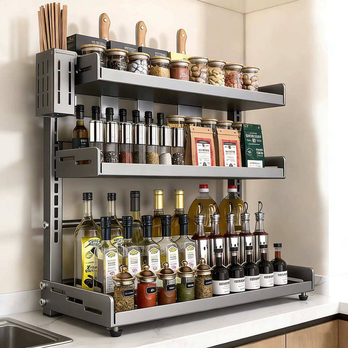 Étagère à Épices 3 Niveaux Réglable en Métal – Organisateur de Cuisine pour Bocaux, Condiments et Assaisonnements