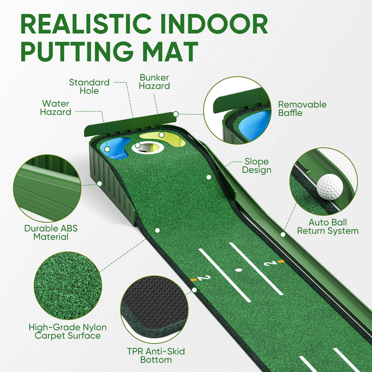 Tapis de golf d’entraînement avec retour automatique de balle – 3 trous cibles – Tapis putting réaliste intérieur fr