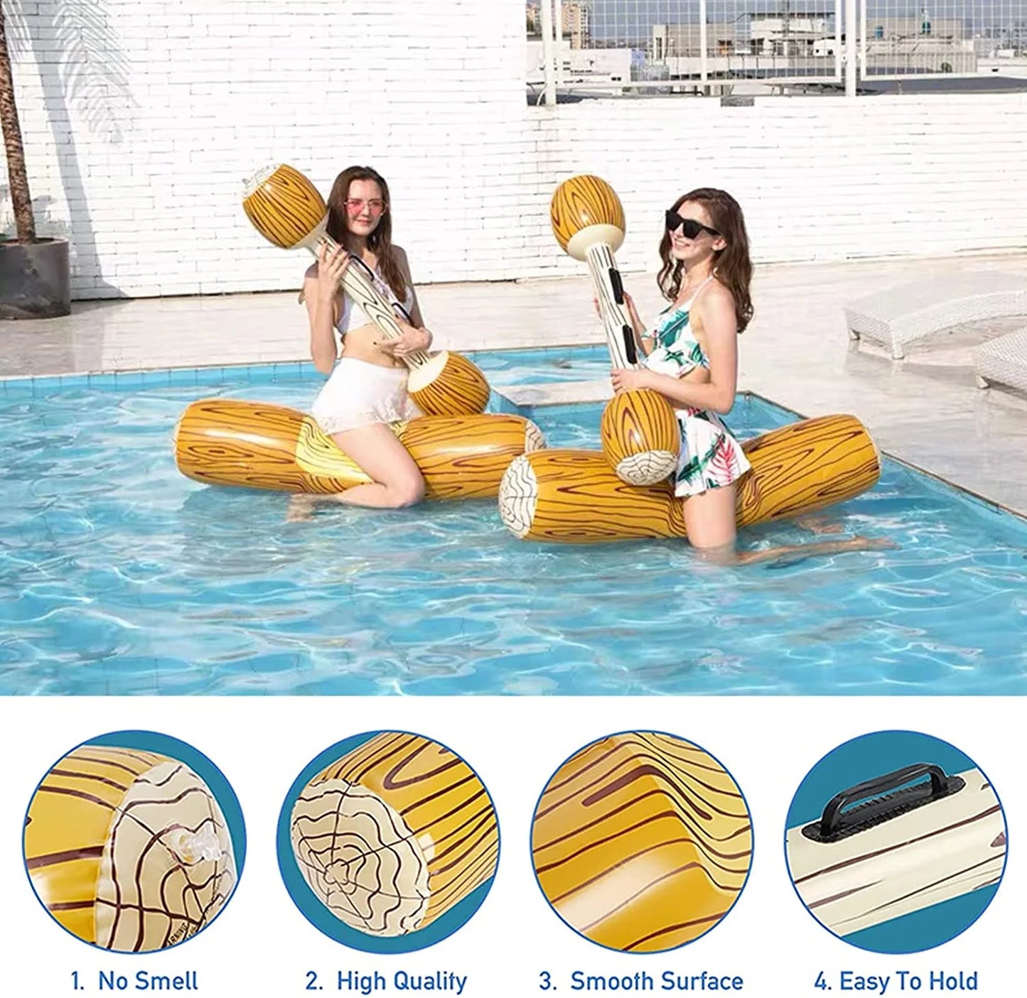 Jeu d’Eau Gonflable Rondins de Bois 4 Pièces – Joutes Aquatiques Piscine | Flotteurs + Massues | Adultes & Enfants