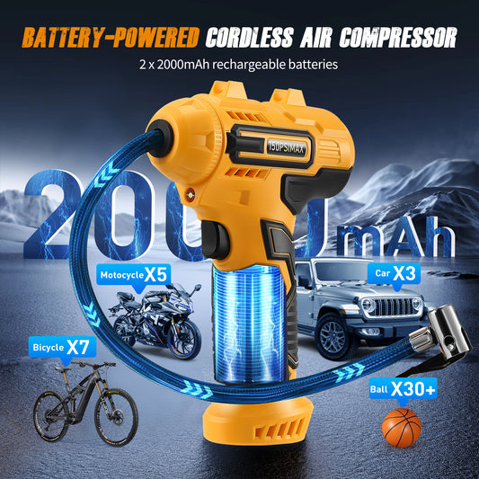 Compresseur d’Air Portable Sans Fil 150 PSI – Pompe Voiture avec 2 Batteries et 4 Embouts