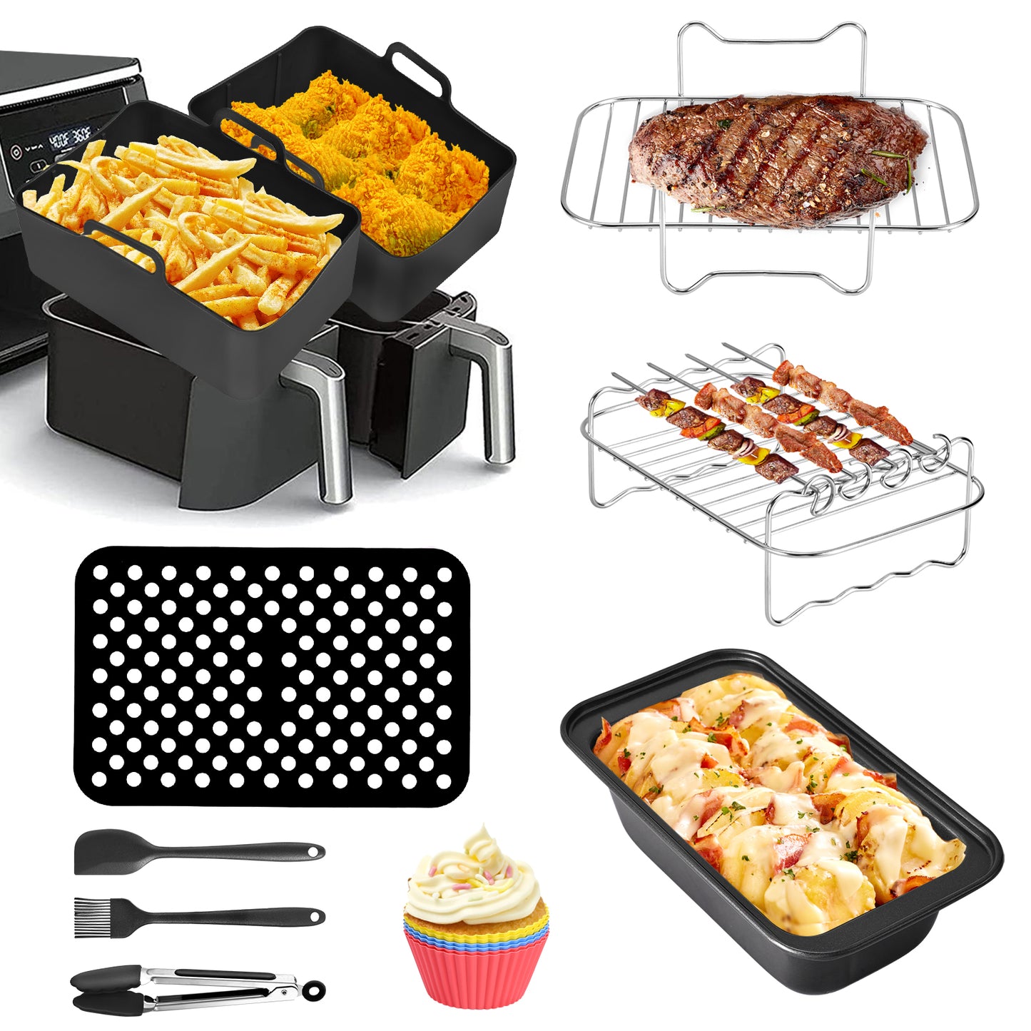 Accessoires Friteuse Air Fryer 6 Pièces – Moules Gâteaux Pizza Barbecue Double Panier
