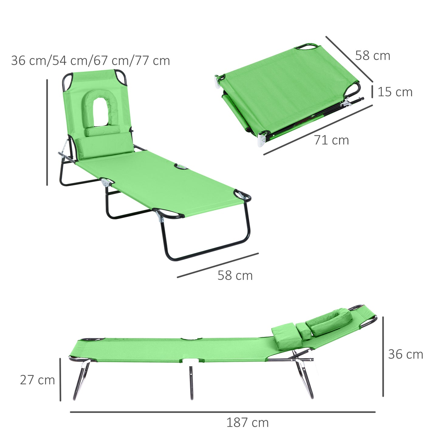 Chaise Longue Pliante Réglable 4 Positions Transat de Camping Jardin Terrasse avec Trou Visage Portable