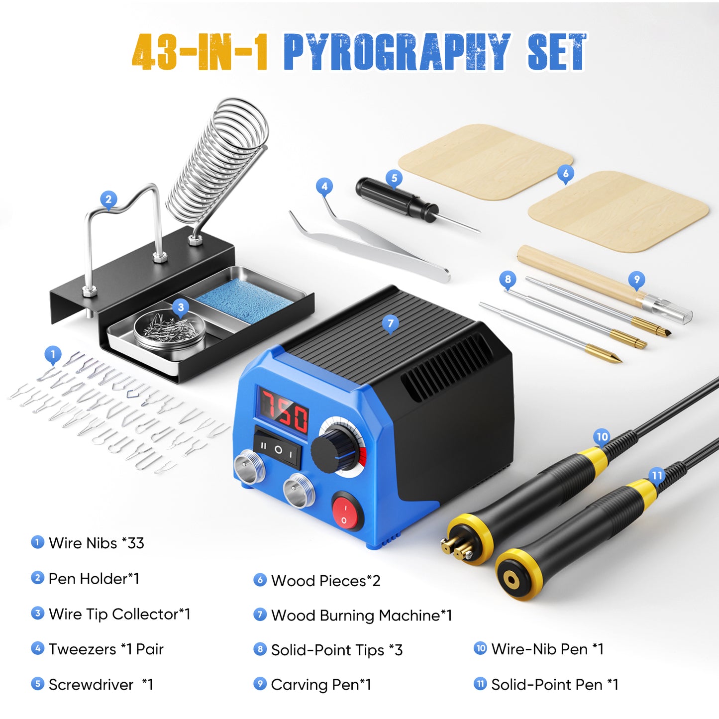 Kit Pyrogravure Bois 43 en 1 – Station de Soudure 220V avec 2 Stylos et Accessoires – Outil Gravure Bois DIY Précision – Création Artistique