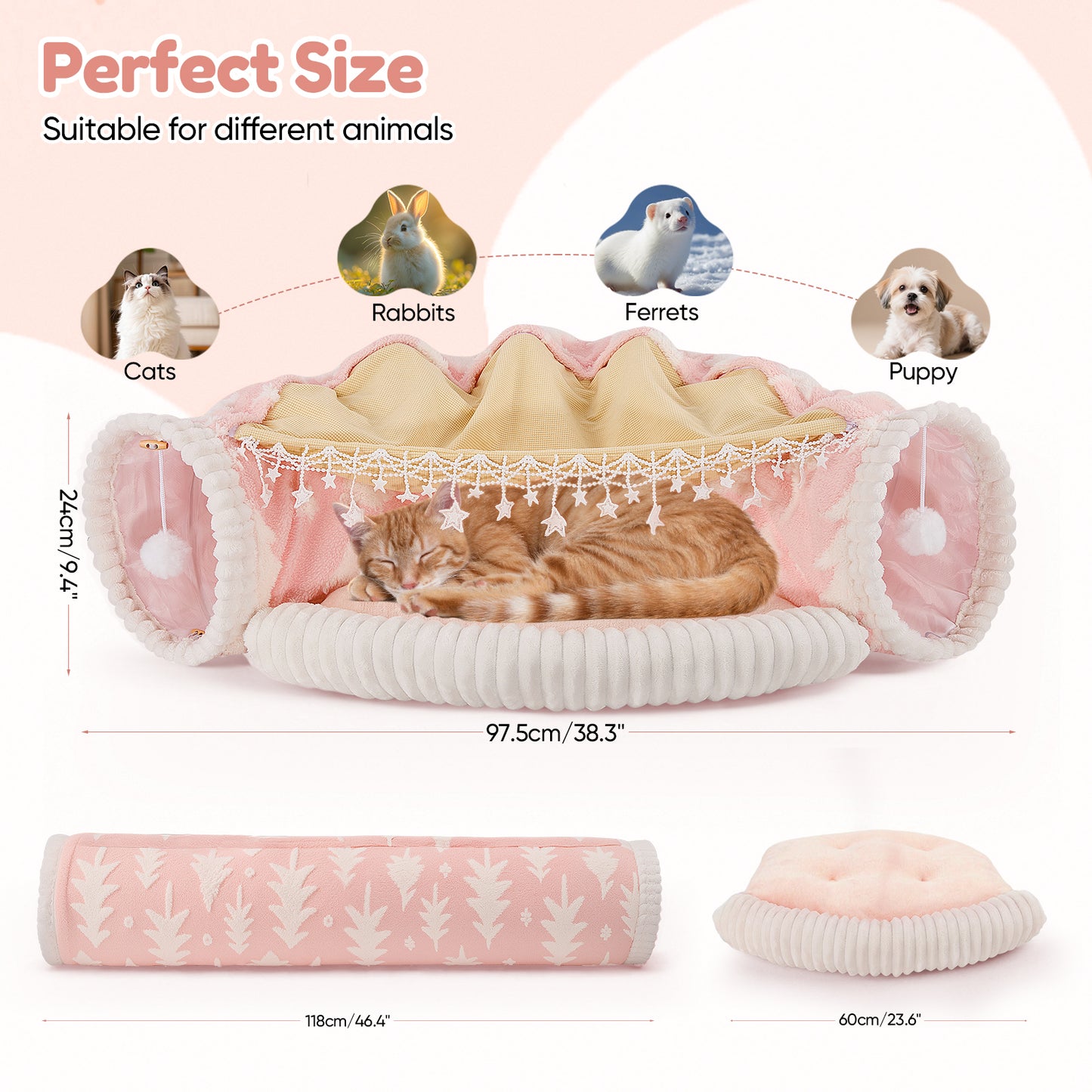 Lit Tunnel Chat 2-en-1 Pliable – Tente Amovible Peluche Douce – Tunnel de Jeu et Repos Chat