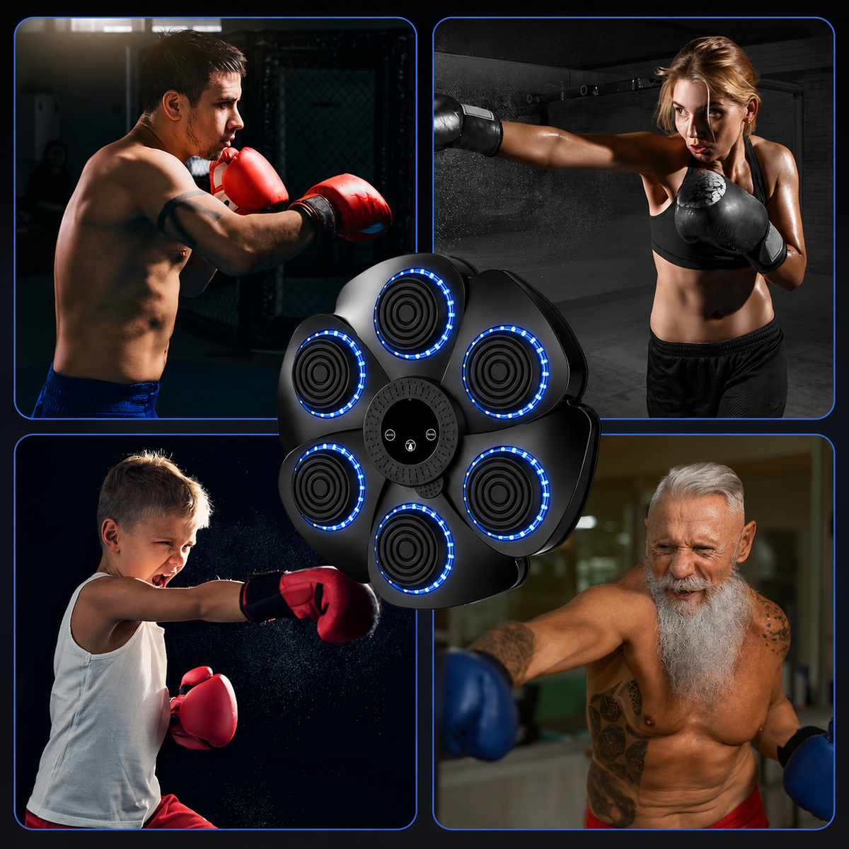 Máquina de Boxeo Musical de Pared – 6 Blancos LED Interactivos – Fitness y Reflejos – Conexión para Smartphone – Guantes Incluidos