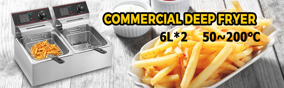 Friteuse Électrique Professionnelle Double Bac 12L Inox 2500W – Friteuse Restaurant Grande Capacité avec Thermostat Réglable