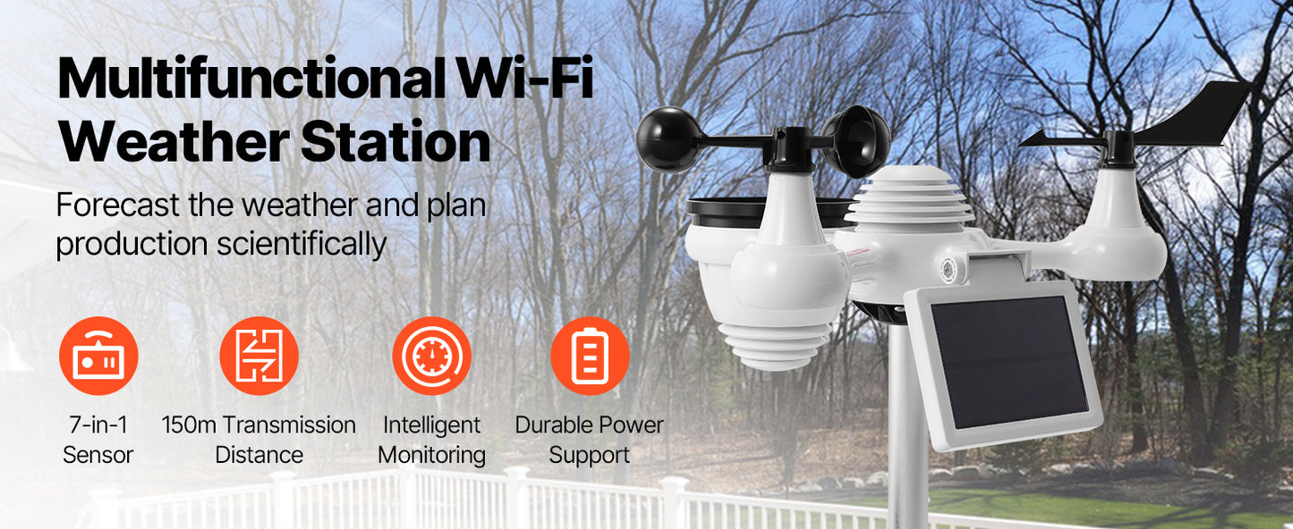 Station météo WiFi 7 en 1 avec écran couleur, capteur extérieur solaire, mesure température, humidité, vent, pluie, application mobile, station météo numérique intérieure/extérieure