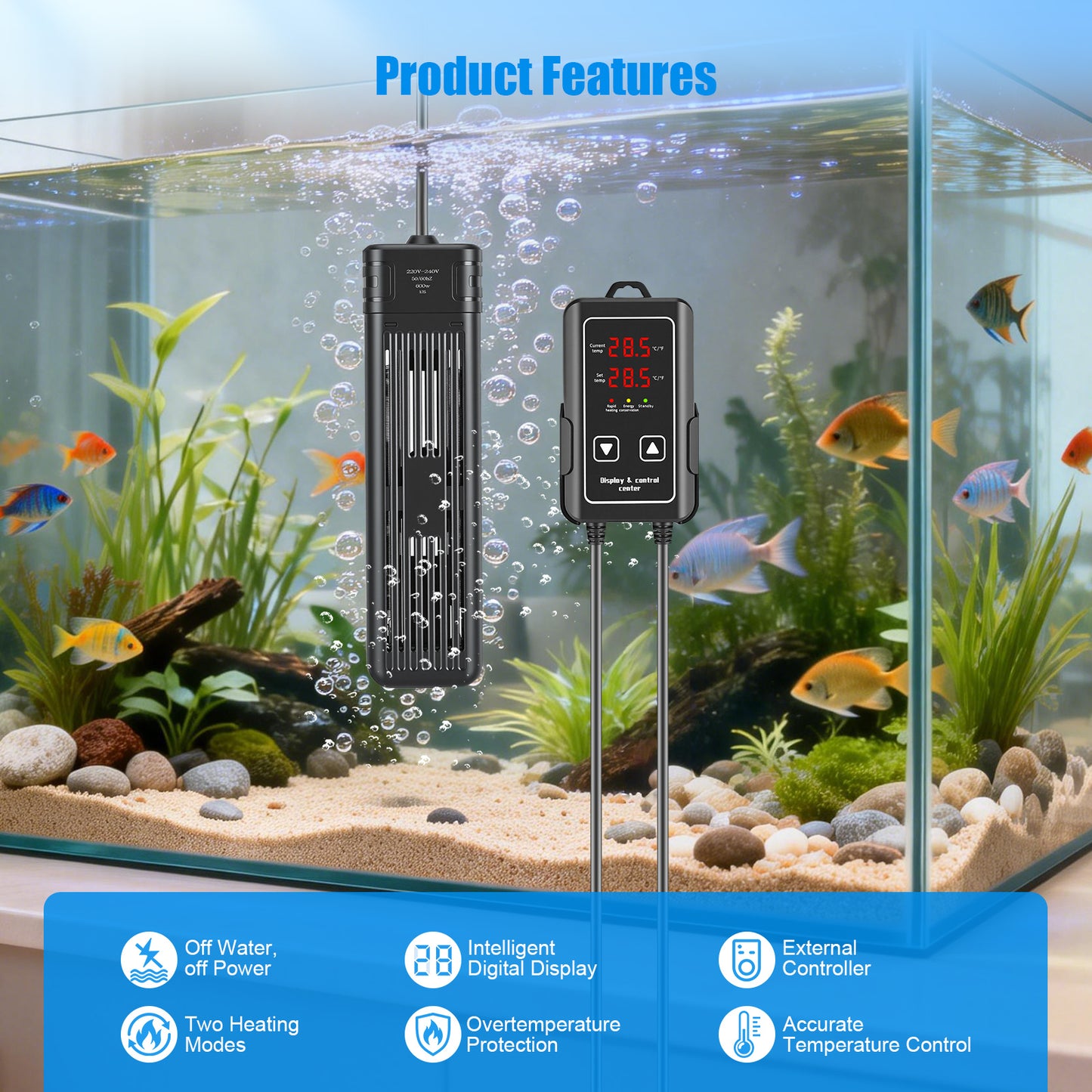 Chauffage Aquarium 300W/600W – Barre Chauffante Submersible LCD Température Réglable – Poissons Tortues